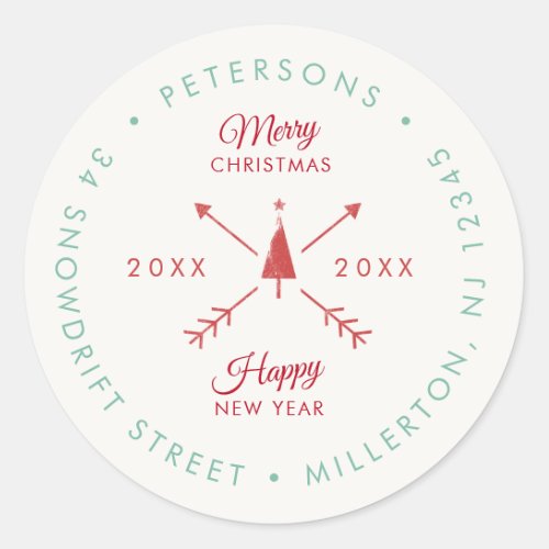 Rustic Modern Christmas Holiday Return Address Classic Round Sticker