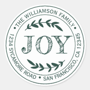 Rustic Modern Christmas Joy Return Address Green Classic Round Sticker