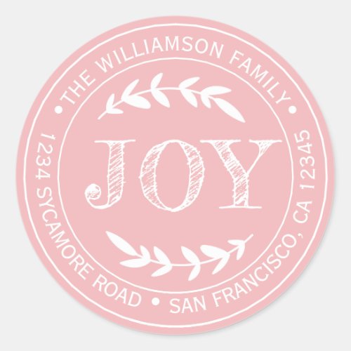 Rustic Modern Christmas Joy Return Address Pink Classic Round Sticker