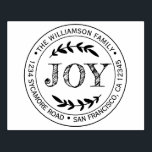 Rustic Modern Christmas Joy Round Return Address Rubber Stamp<br><div class="desc">Christmas family round return address rubber stamp with your name and address in stylish typography features the text JOY in handwritten typography with a stylish touch of rustic foliage. Simply add your name and address. Exclusively designed for you by Happy Dolphin Studio. If you need any help or matching products...</div>