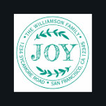 Rustic Modern Christmas Joy Round Return Address  Self-inking Stamp<br><div class="desc">Christmas family round return address self-inking stamp with your name and address in green stylish typography features the text JOY in handwritten typography with a stylish touch of rustic foliage. Simply add your name and address. Exclusively designed for you by Happy Dolphin Studio. If you need any help or matching...</div>