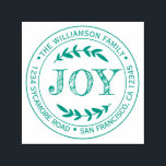 Rustic Modern Christmas Joy Round Return Address  Self-inking Stamp<br><div class="desc">Christmas family round return address self-inking stamp with your name and address in green stylish typography features the text JOY in handwritten typography with a stylish touch of rustic foliage. Simply add your name and address. Exclusively designed for you by Happy Dolphin Studio. If you need any help or matching...</div>