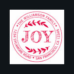Rustic Modern Christmas Joy Round Return Address Self-inking Stamp<br><div class="desc">Christmas family round return address self-inking stamp with your name and address in red stylish typography features the text JOY in handwritten typography with a stylish touch of rustic foliage. Simply add your name and address. Exclusively designed for you by Happy Dolphin Studio. If you need any help or matching...</div>