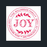 Rustic Modern Christmas Joy Round Return Address Self-inking Stamp<br><div class="desc">Christmas family round return address self-inking stamp with your name and address in red stylish typography features the text JOY in handwritten typography with a stylish touch of rustic foliage. Simply add your name and address. Exclusively designed for you by Happy Dolphin Studio. If you need any help or matching...</div>