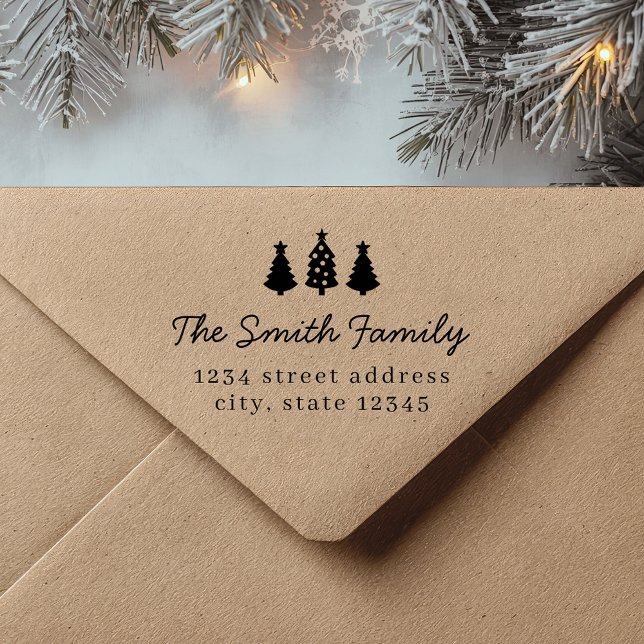 Rustic Modern Christmas Trees Return Address Rubber Stamp (Creator Uploaded)