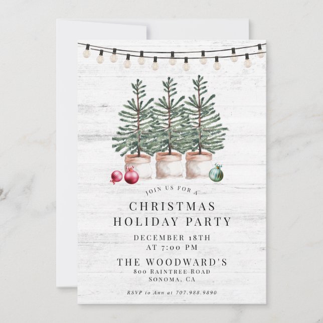 Rustic Modern Christmas Trees Wood String Lights Invitation (Front)