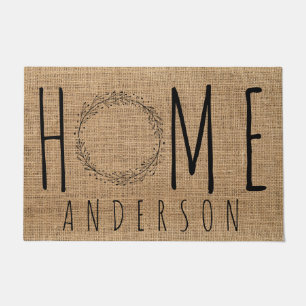 Rustic Modern Country Family Name Home Faux Burlap Doormat