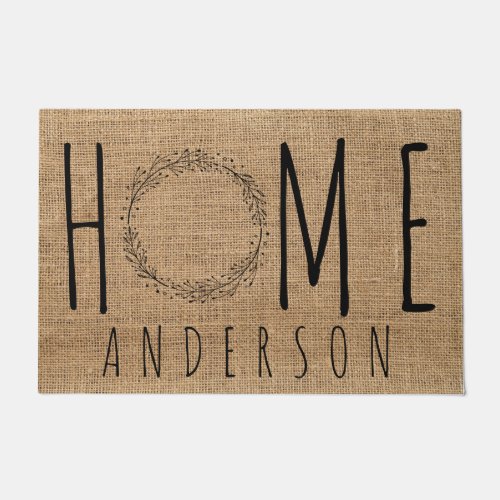 Rustic Modern Country Family Name Home Faux Burlap Doormat