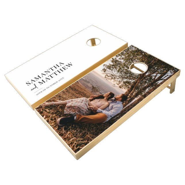 Rustic Modern Couple Engagement Photo Wedding Cornhole Set (Angled)