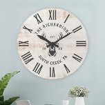 Rustic Modern Custom Family Name Farmhouse Large Clock<br><div class="desc">Personalized Family Name,  city,  state and year established Rustic Modern Wall clock in a trendy farmhouse style design with roman numeral clock face,  buck illustration,  and White distressed wood plank  / shiplap backdrop design. Perfect gift for newlyweds,  housewarming present or grandparents,  or your cabin,  cottage,  or country house makeover.</div>