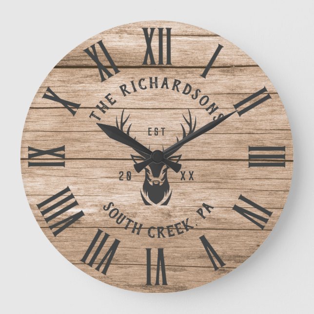 Rustic Modern Custom Family Name Farmhouse Large Clock (Front)