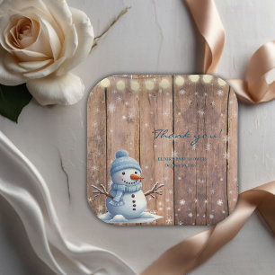 Rustic Modern Elegant Blue Snowman Baby Shower Paper Plates