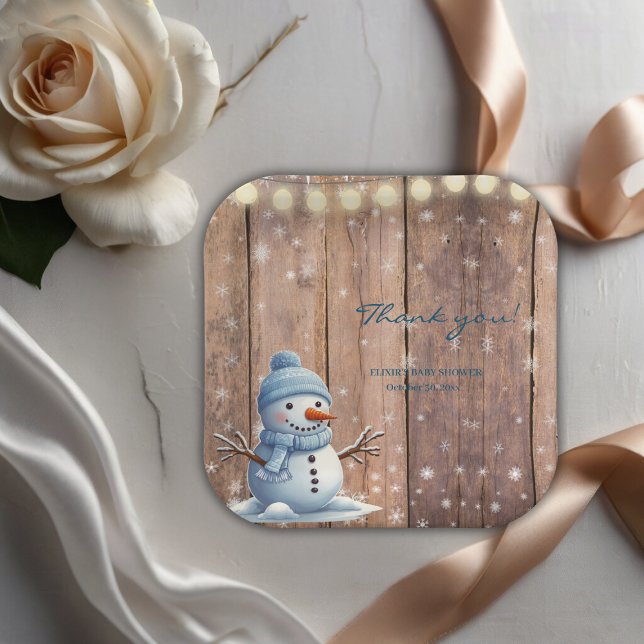 Rustic Modern Elegant Blue Snowman Baby Shower Paper Plates (Creator Uploaded)