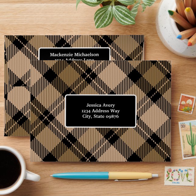Rustic Modern Fall Brown Tartan Plaid Personalized Envelope (Desk)