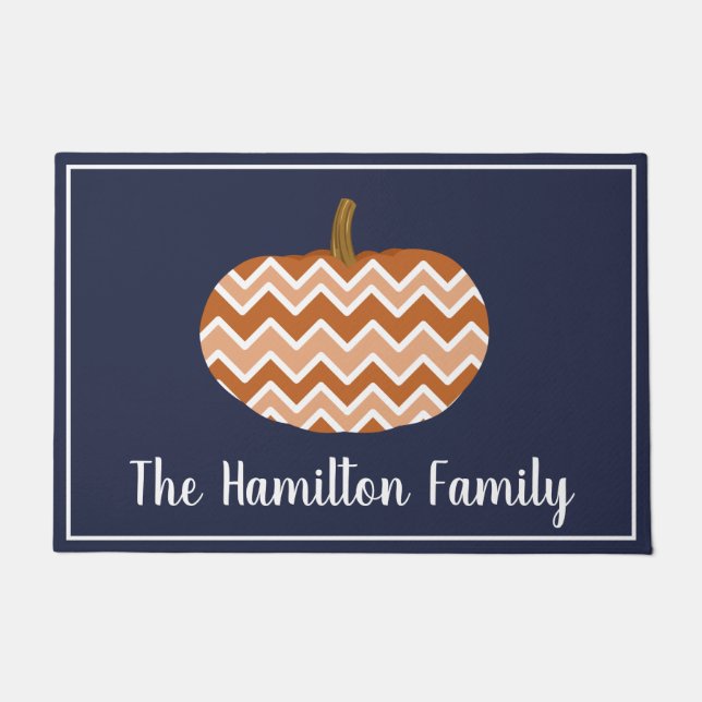 Rustic Modern Fall Chevrons Pumpkin | Personalized Doormat (Front)