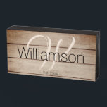 Rustic Modern Family Name Farmhouse Monogram Wood  Wooden Box Sign<br><div class="desc">Add a statement to your living room, bedroom, or family room decor. This beautiful, unique, one-of-a-kind rustic, personalized design features a rustic wood background with your family name, monogram, and year established in modern and script typography. What a great wedding, anniversary, or housewarming gift. Click "personalize this template" to change...</div>