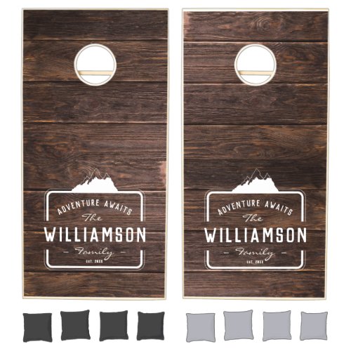 Rustic Modern Family Name Mountain Cottage Wood Cornhole Set