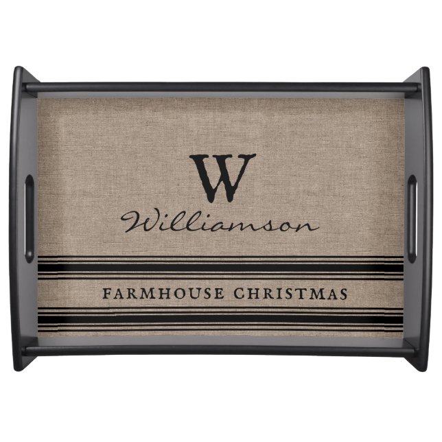 Rustic Modern Farmhouse Christmas Burlap Name  Serving Tray (Front)