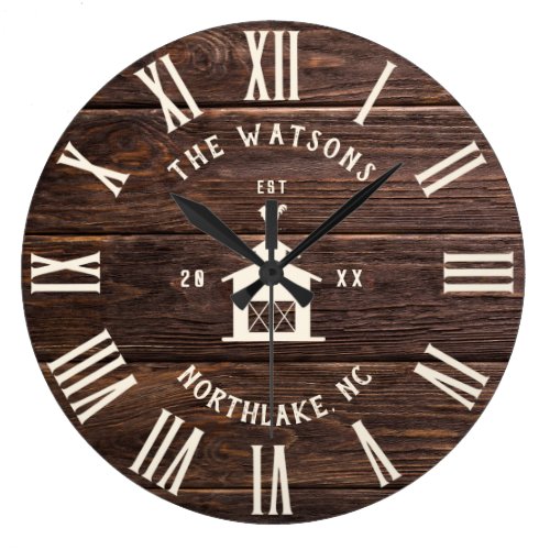Rustic Modern Farmhouse Custom Family Name Retro Large Clock