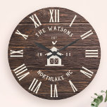 Rustic Modern Farmhouse Custom Family Name Retro Large Clock<br><div class="desc">Personalized Family Name, city, state and year established Rustic Modern Wall clock in a trendy farmhouse style design with roman numeral clock face, barn illustration, and light white wood plank / shiplap backdrop design. Perfect gift for newlyweds, wedding or housewarming present or grandparents gift, or for a home make-over in...</div>