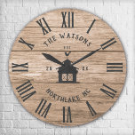 Rustic Modern Farmhouse Custom Family Name Vintage Large Clock<br><div class="desc">Personalized Family Name, city, state and year established Rustic Modern Wall clock in a trendy farmhouse style design with roman numeral clock face, barn illustration, and light white wood plank / shiplap backdrop design. Perfect gift for newlyweds, wedding or housewarming present or grandparents gift, or for a home make-over in...</div>