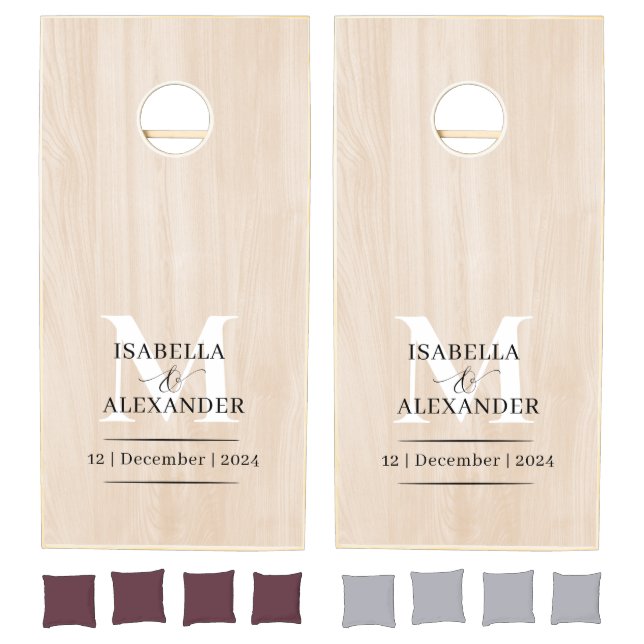 Rustic Modern Farmhouse Wedding Monogram Name Wood Cornhole Set (Set)