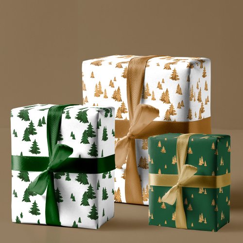 Rustic Modern Faux Gold  Green Pine Tree Forest Wrapping Paper Sheets