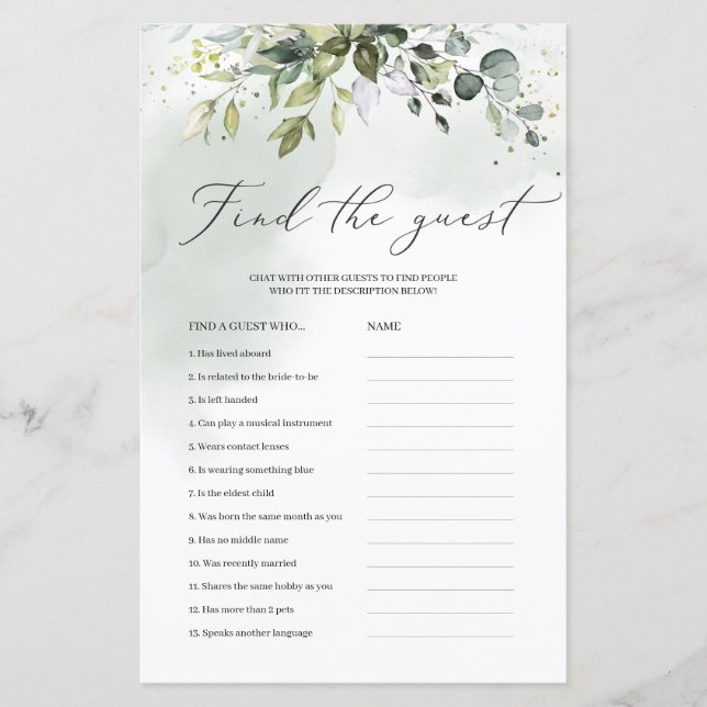 Rustic modern find the guest bridal shower game (Front)