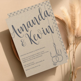 Rustic Modern Fishing Hook Wedding Ring Kraft Blue Invitation