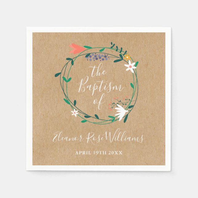Rustic Modern Floral Baptism Christening Napkins (Front)