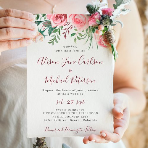 Rustic modern floral watercolor burgundy wedding invitation