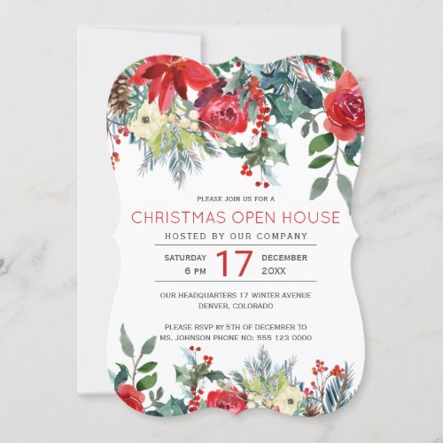 Rustic modern floral winter holiday open house invitation