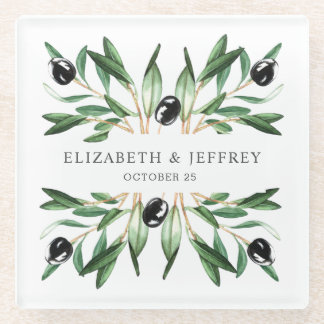 Rustic Modern Geometric Olive Branches Wedding  Glass Coaster