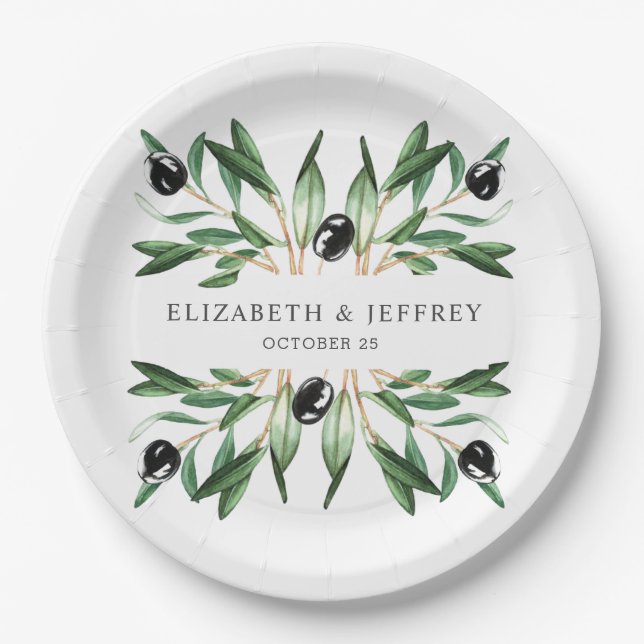 Rustic Modern Geometric Olive Branches Wedding Paper Plates (Front)