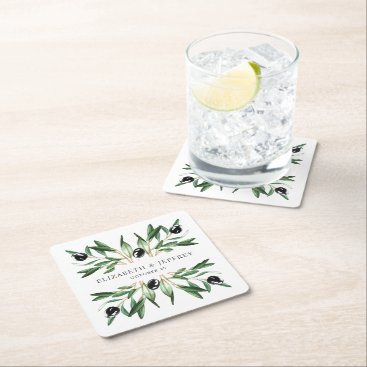 Rustic Modern Geometric Olive Branches Wedding Square Paper Coaster