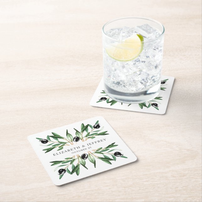 Rustic Modern Geometric Olive Branches Wedding Square Paper Coaster (Insitu)