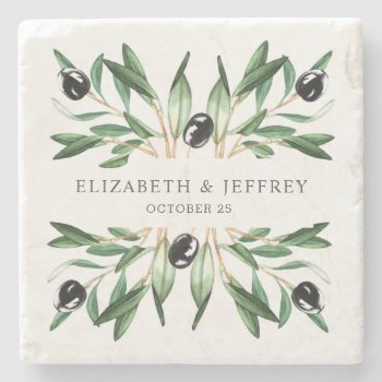Rustic Modern Geometric Olive Branches Wedding  Stone Coaster by blessedwedding at Zazzle