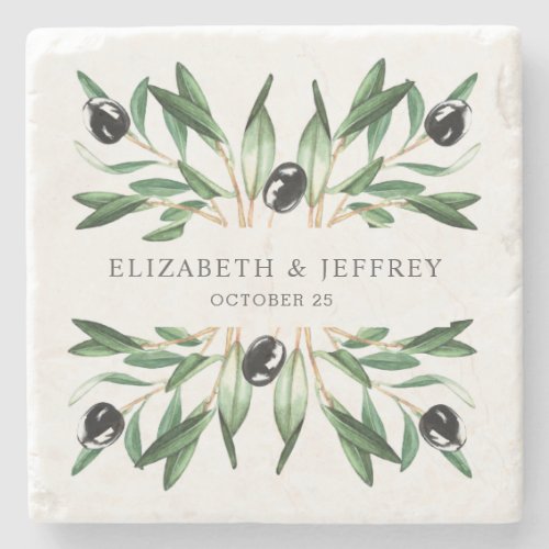 Rustic Modern Geometric Olive Branches Wedding  Stone Coaster