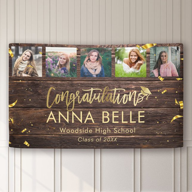 Rustic Modern Gold Script Photo Collage Graduation Banner (Creator Uploaded)