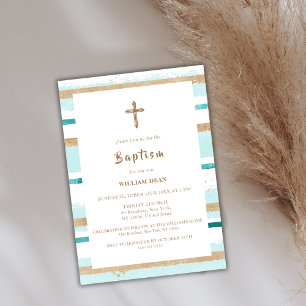 Rustic Modern Gold Stripe Cross Boy Baptism Invitation