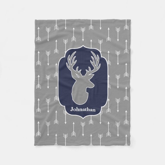 Rustic Modern Gray Deer & White Arrows Fleece Blanket (Front)