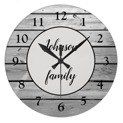 Rustic Modern Gray Wood Family Name Large Clock