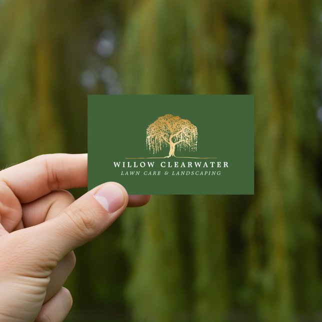 Rustic Modern Green & Gold Willow Tree Landscaping Business Card (Rustic Modern Green & Gold Willow Tree Landscaping Business Card)