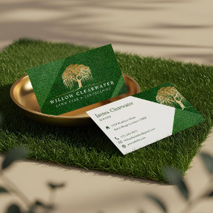 Rustic Modern Green & Gold Willow Tree Landscaping Business Card