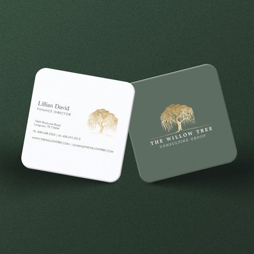 Rustic Modern Green  Gold Willow Tree Logo Business Card