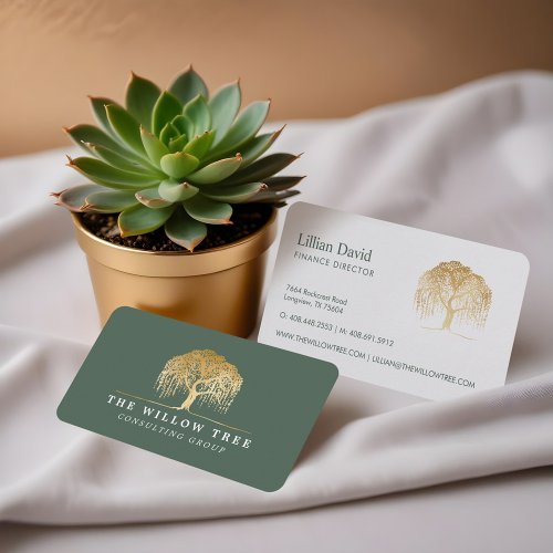 Rustic Modern Green  Gold Willow Tree Logo Business Card