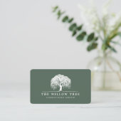 Rustic Modern Green & White Willow Tree Logo Business Card (Standing Front)