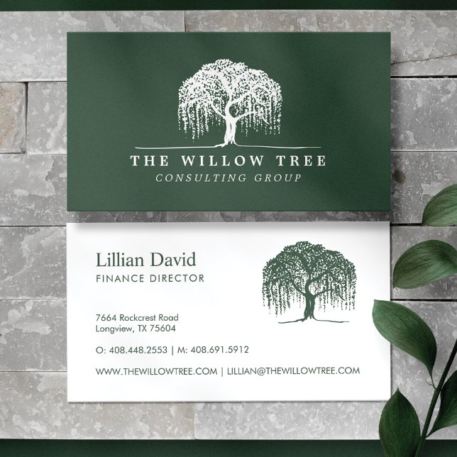 Rustic Modern Green & White Willow Tree Logo Business Card