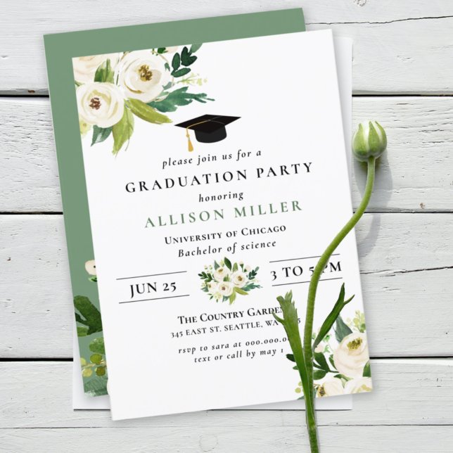 Rustic Modern Greenery Ivory Floral Graduation  Invitation (Creator Uploaded)