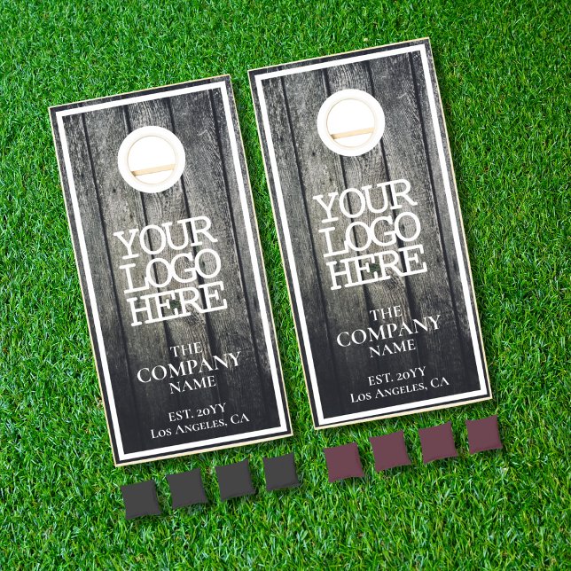Rustic Modern Grey Barn Wood Planks Company Logo Cornhole Set (Creator Uploaded)